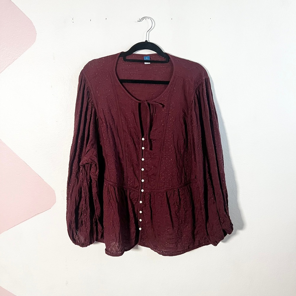 Old Navy Eyelet Top Womens XXL Burgundy 100% Cotton Boho Prairie Milkmaid